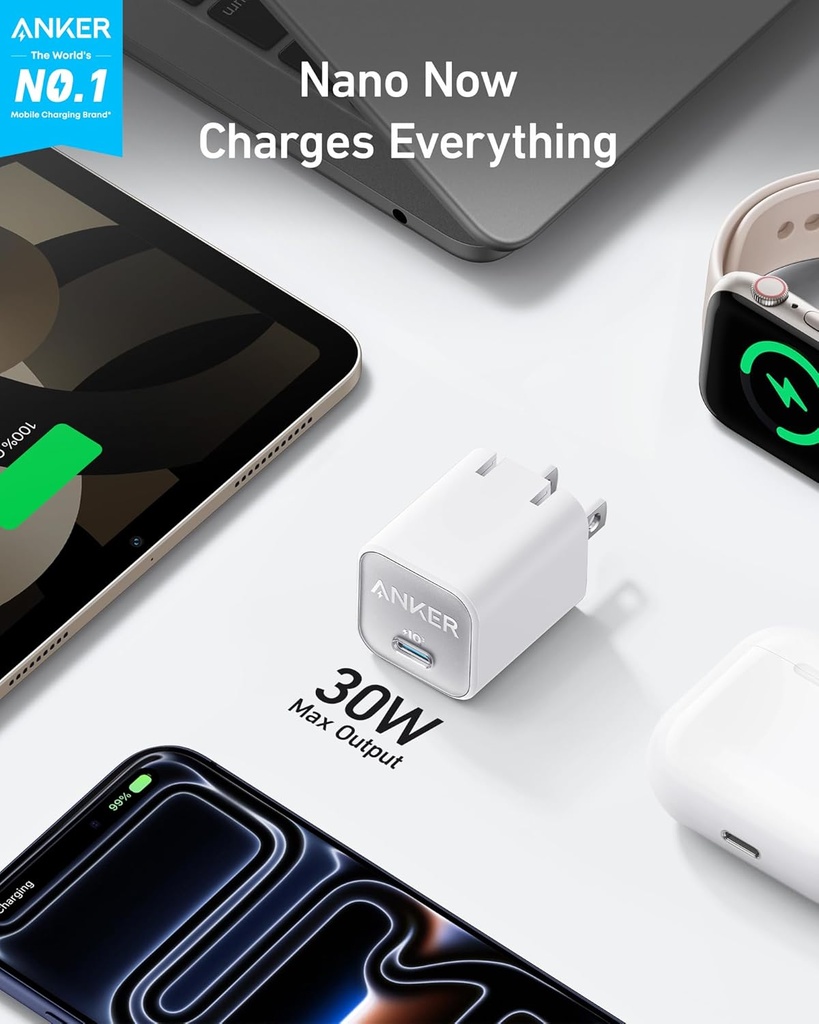 Anker Nano USB C Charger Block, 30W PIQ 3.0 Foldable iPhone Charger Fast Charging for iPhone 17/16 Series, Galaxy, iPad, Compatible with MagSafe