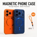  PUGB 2pcs Set (1 Case + 1 Lanyard) Luxury Retro Denim Pattern Magnetic Wireless Charging Case for Iphone 17Pro with Large Window Camera Shockproof