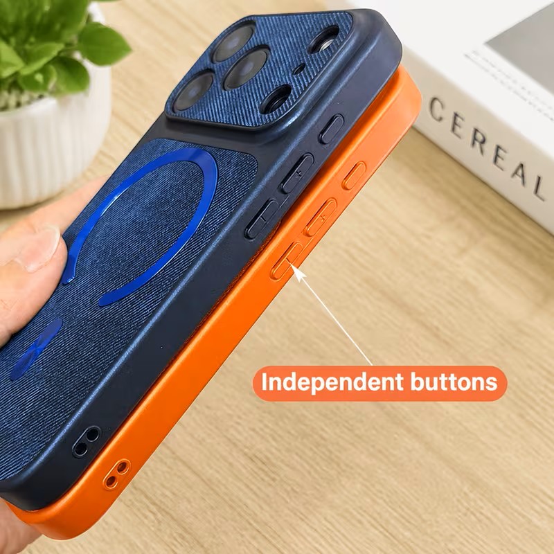  PUGB 2pcs Set (1 Case + 1 Lanyard) Luxury Retro Denim Pattern Magnetic Wireless Charging Case for Iphone 17Pro with Large Window Camera Shockproof