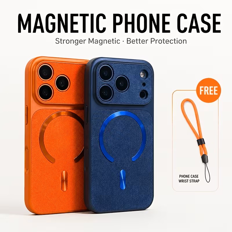  PUGB 2pcs Set (1 Case + 1 Lanyard) Luxury Retro Denim Pattern Magnetic Wireless Charging Case for Iphone 17Pro with Large Window Camera Shockproof