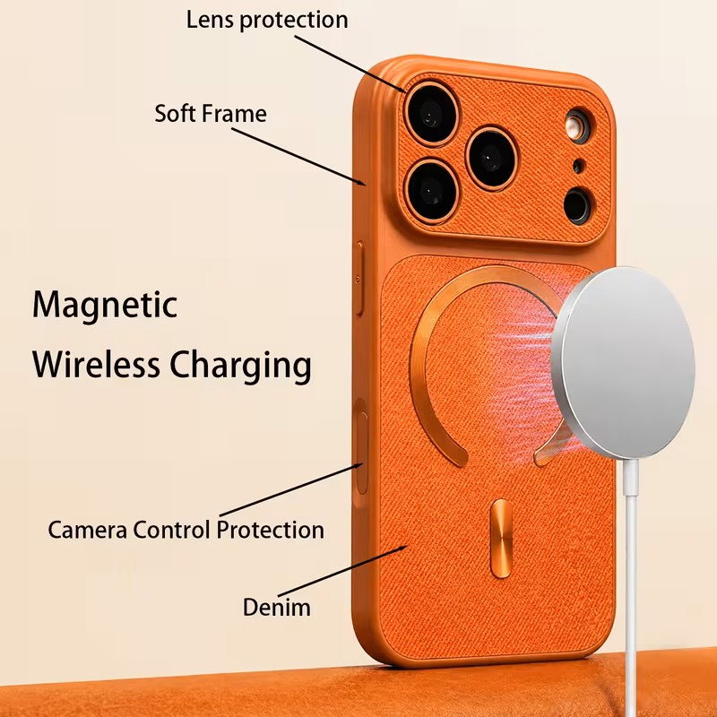  PUGB 2pcs Set (1 Case + 1 Lanyard) Luxury Retro Denim Pattern Magnetic Wireless Charging Case for Iphone 17Pro with Large Window Camera Shockproof