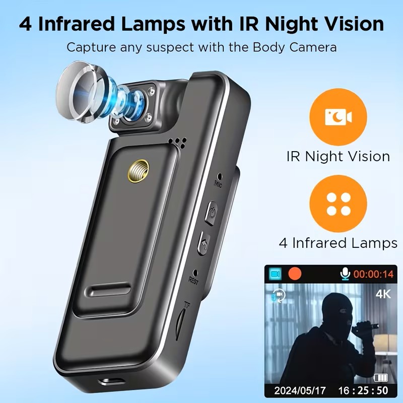 HD 4K Body Cam With 180° Rotating Lens, Smart Motion Detection And IR Cut Auto Night Vision, Cyclic Video, Portable Video Camera