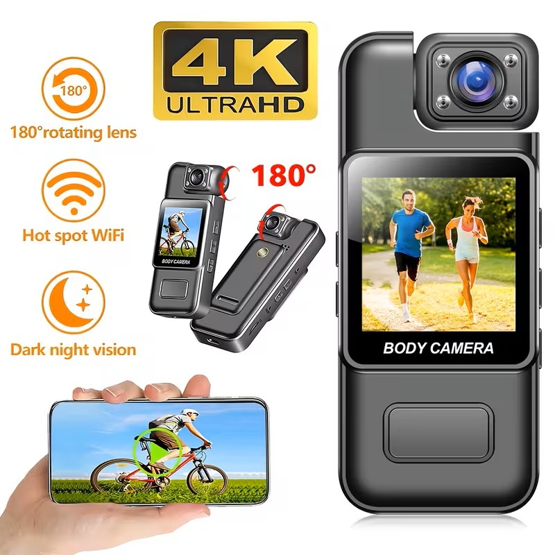 HD 4K Body Cam With 180° Rotating Lens, Smart Motion Detection And IR Cut Auto Night Vision, Cyclic Video, Portable Video Camera