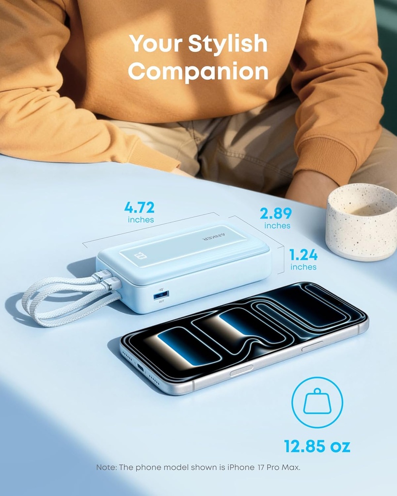 Anker Zolo Power Bank 20,000mAh 30W High-Speed Portable Charger with Built-in USB-C and Lighting  Cable