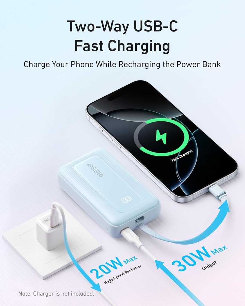 Anker Zolo Power Bank 20,000mAh 30W High-Speed Portable Charger with Built-in USB-C Cable
