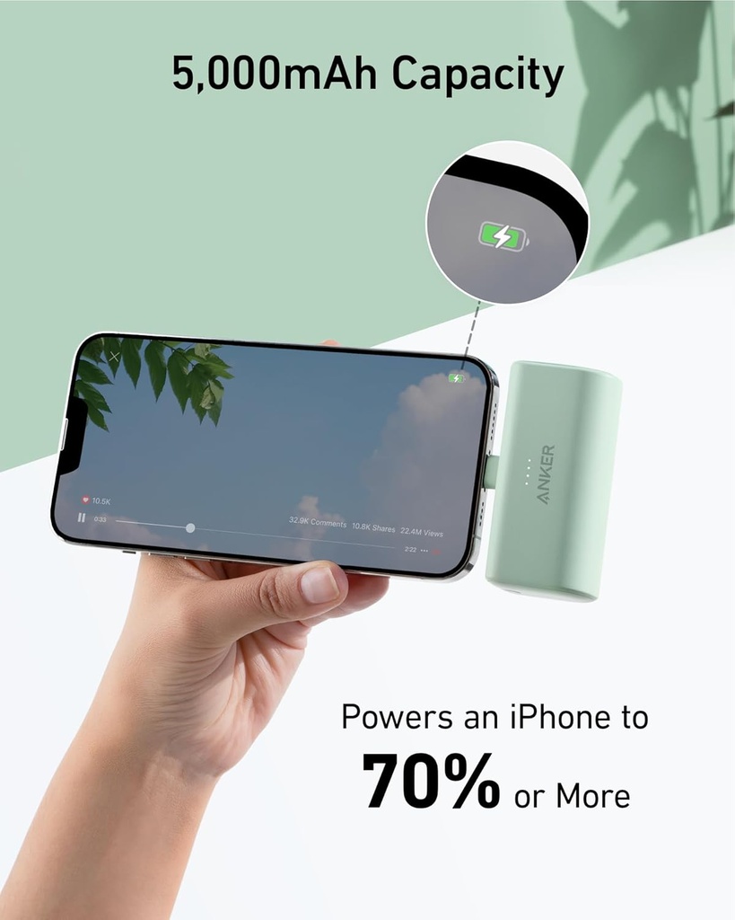 Anker Nano Portable Powerbank for iPhone, with Built-in MFi Certified Lightning Connector, Power Bank 5,000mAh 12W, Compatible with iPhone 14/13/12 Series (Black)