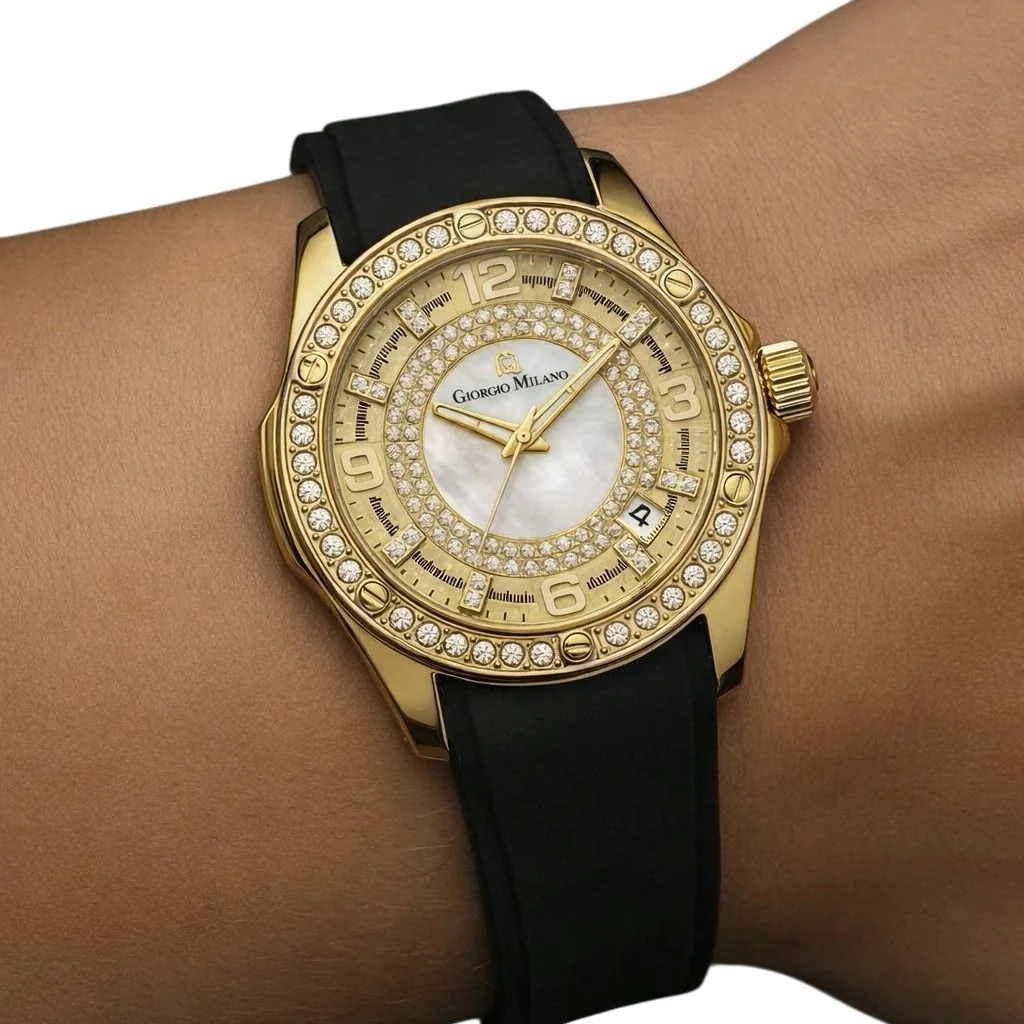 Giorgio Milano Women Round IPG Watch with Stone bezel Silver dial and RED Silicone Strap 241SG21313 EVE 