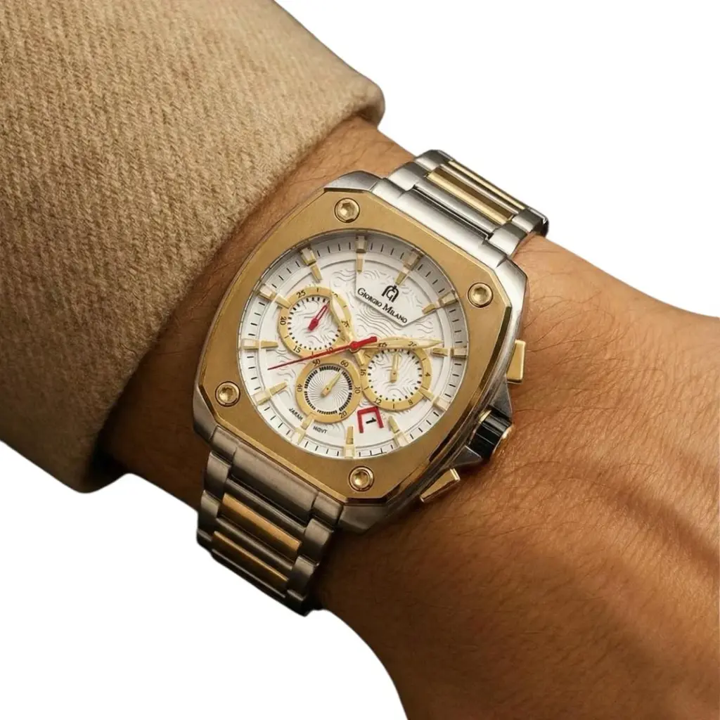 Giorgio Milano Men Square Chronograph date, IP Gold stainless steel 2 tone with Silver dial  TRENTO 235STG02