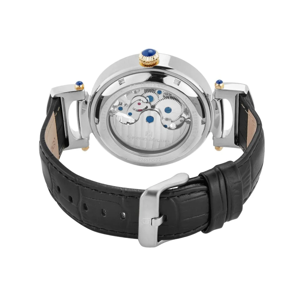 Giorgio Milano Men Stainless steel 2Tone Round case with IP Gold bezel Skeleton Automatic Movt black leather 226STG22  GILDO 