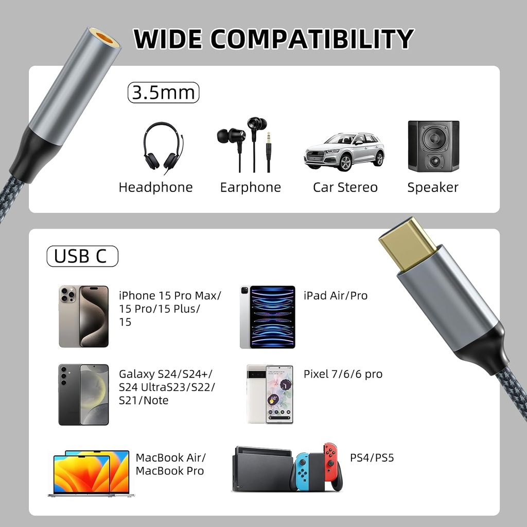 TIPSEAN USBC TO 3.5MM HEADPHONES/AUX AUDIO DONGLE CABLE JACK ADAPTER 