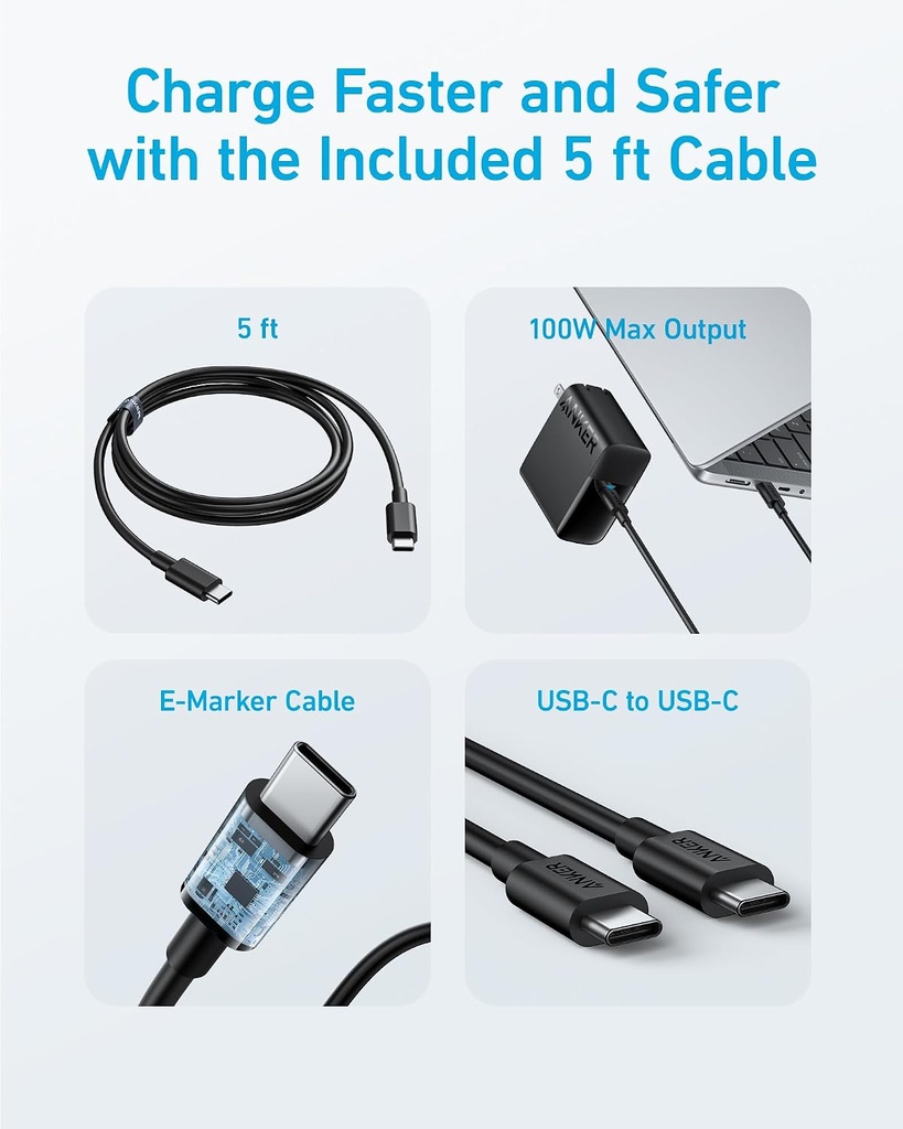 Anker Laptop Charger, Compact Foldable 100W USB C Charger with 5FT Cable 