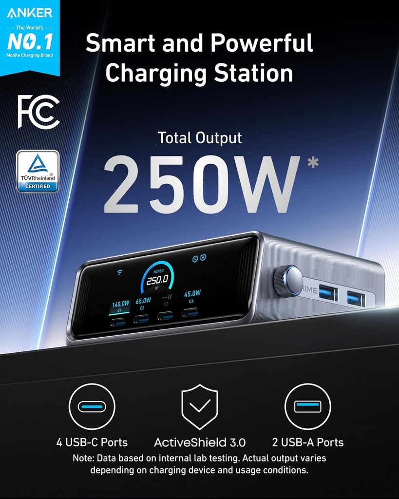 Anker Prime Charging Station, 250W 6-Port GaN USB C Charger 