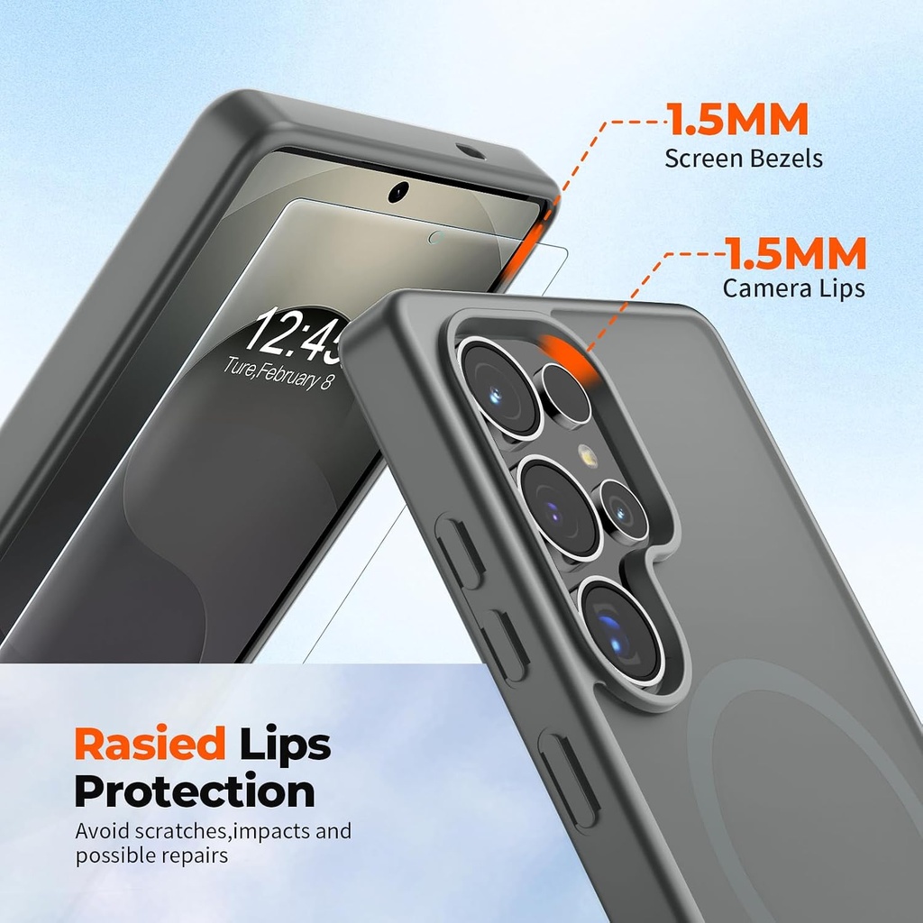 SUPFINE Magnetic for Samsung Galaxy S25 Ultra Case with Screen Protector, (Built-in Magnets) (Military Grade Drop Protection) Slim Translucent Shockproof Phone Case,Titanium Gray 