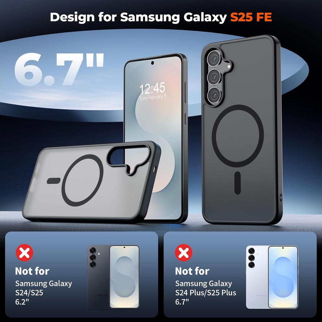 SUPFINE Magnetic Case for Samsung Galaxy S25 FE with Screen Protector,(Military Grade Drop Protection) Slim Translucent Shockproof ,Black 