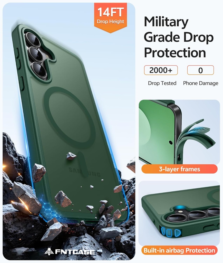 FNTCASE Case for Samsung Galaxy S25 FE with Screen Protector | Translucent Matte Magnetic Back, 14FT Military Grade Drop Protection, Slim Shockproof. Green