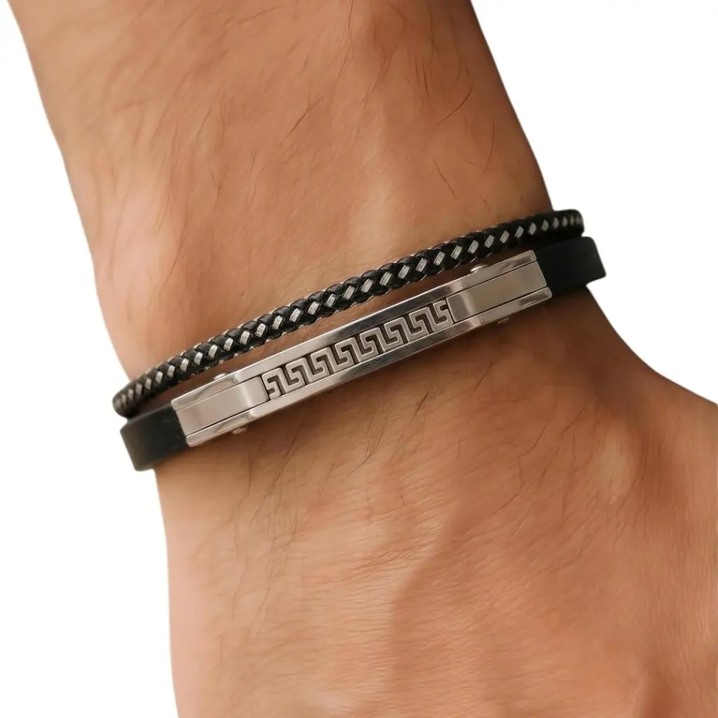 GIORGIO MILANO MEN Double-Strand Leather with Greek Key Center Bar BRACELET 2050ST2