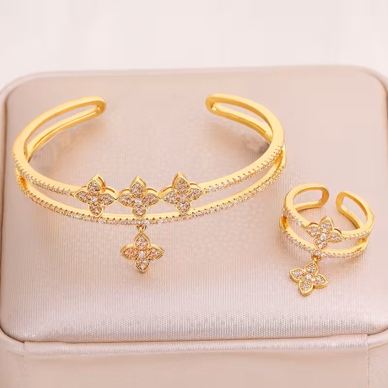 ASSORTED Designer Brass Gold plated with Synthetic Zirconia Women'S Bracelet And Ring Set 