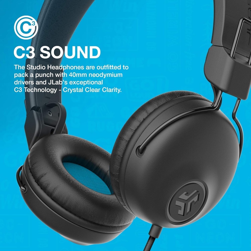 JLab Studio on-Ear Headphones with 40mm Drivers, Tangle-Free Braided Cord, Foldable, Black