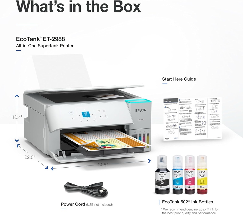 Epson EcoTank ET-2988 All-in-One Printer with Scanner, Copier, ADF, Wireless, Ethernet, White