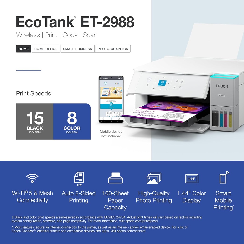 Epson EcoTank ET-2988 All-in-One Printer with Scanner, Copier, ADF, Wireless, Ethernet, White