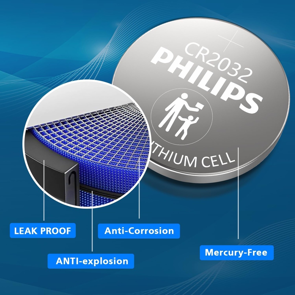 PHILIPS CR2032 Battery 50 Pack, 3v Lithium Coin Cell Battery Long-Lasting Coin and Button Cell Batteries (50 Pack)
