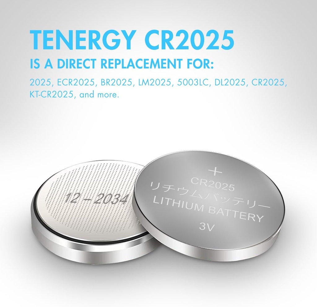 Tenergy 3V CR2025 Batteries, Lithium Button Coin Cell 2025 Battery, for Key FOBs & Other Devices, 5pk