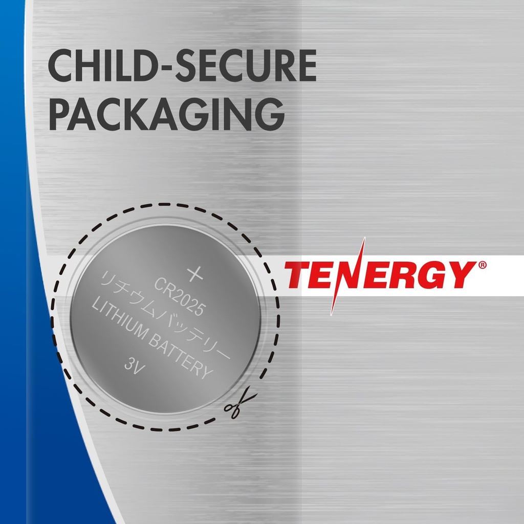 Tenergy 3V CR2025 Batteries, Lithium Button Coin Cell 2025 Battery, for Key FOBs & Other Devices, 5pk