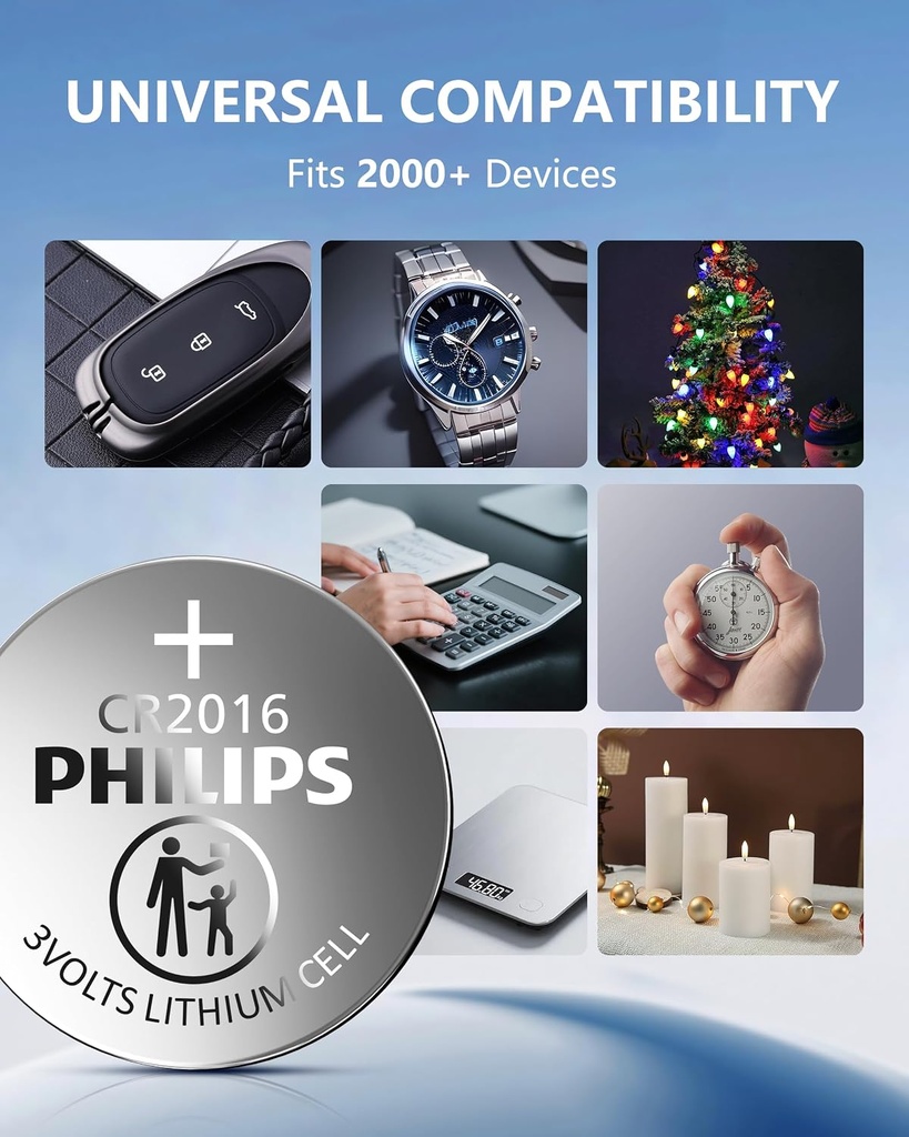 PHILIPS CR2016 3V Lithium Cell Battery 5 Pack, 10 Year Shelf Life Child Resistant Packaging, Stable Discharge Works with Key Fob & Small Electronics