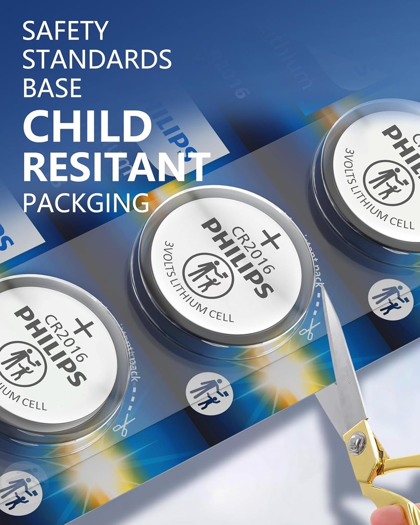 PHILIPS CR2016 3V Lithium Cell Battery 5 Pack, 10 Year Shelf Life Child Resistant Packaging, Stable Discharge Works with Key Fob & Small Electronics
