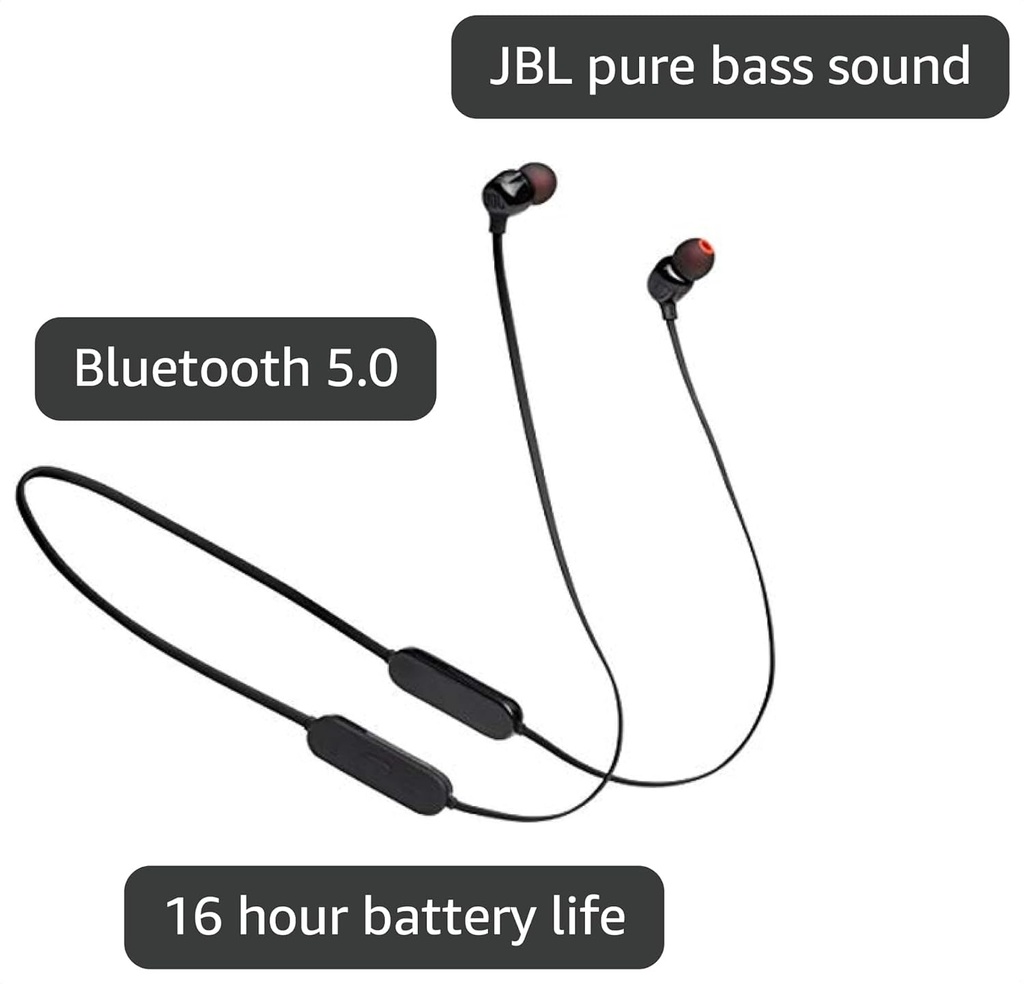 JBL Tune 125 - Bluetooth Wireless in-Ear Headphones with 3-Button Mic/Remote and Flat Cable - Black