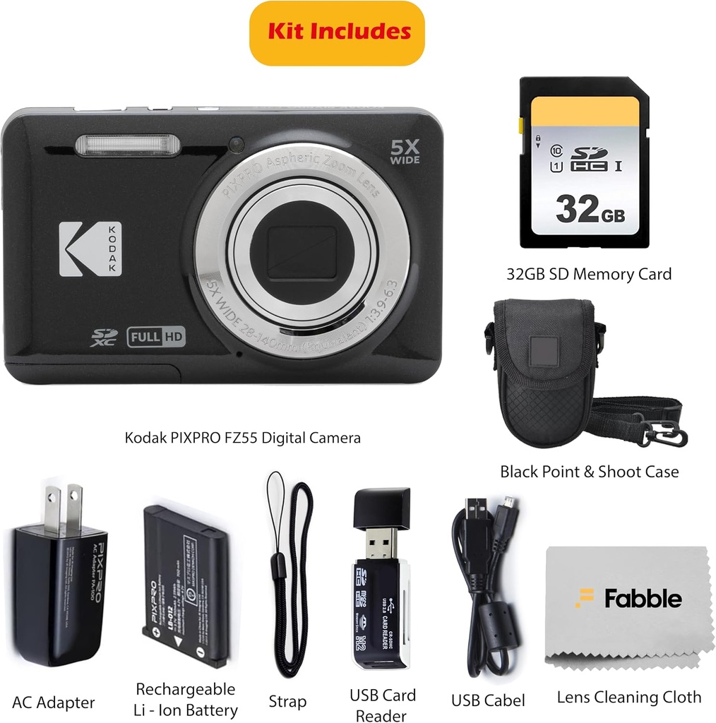 KODAK PIXPRO FZ55 16MP Digital Point & Shoot Camera,Bundle (Black)