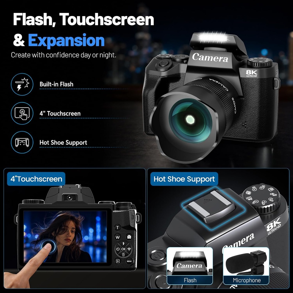 Cameras for Photography, 64MP Dual Lens Vlogging Camera & 32GB Card (Black)