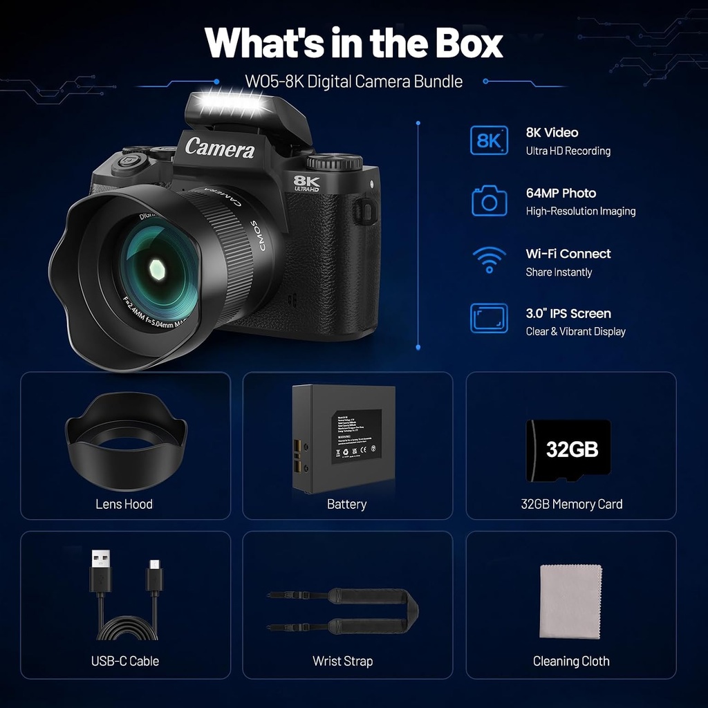 Cameras for Photography, 64MP Dual Lens Vlogging Camera & 32GB Card (Black)