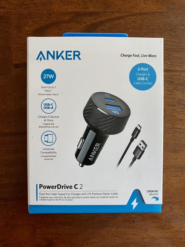 Anker PowerDrive c 2 27W Dual-Port Car Charger (USB-C + USB-A) with USB-C to USB-A Cable, 3 ft