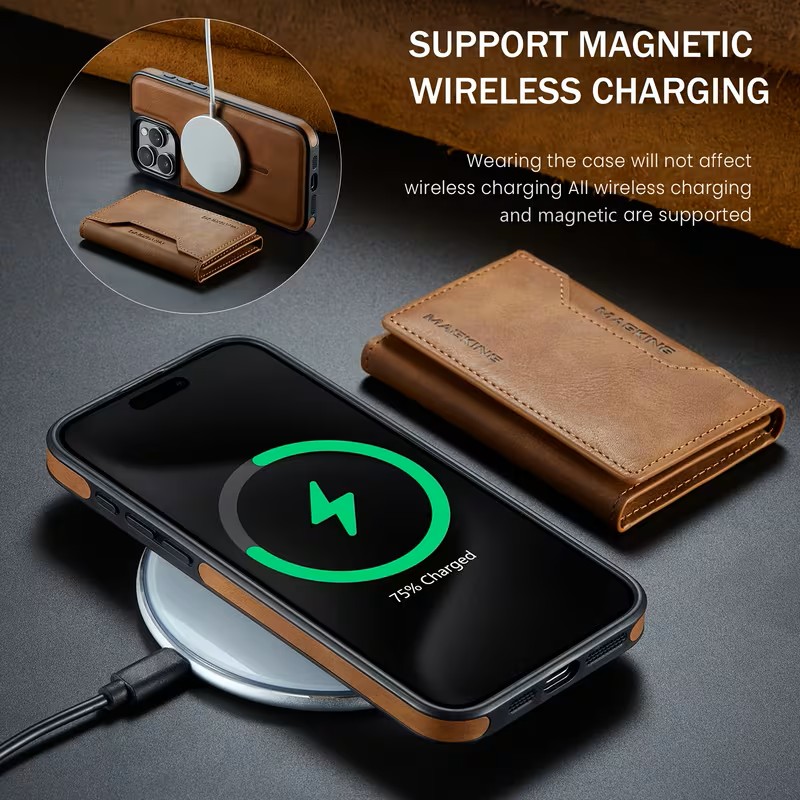 Magnetic Wallet Cover  Featuring a Card Holder, Removable Wireless Charging Faux Leather Stand Case with 8 Card Compartments, And RFID Protection - IPHONE 16PRO - BROWN