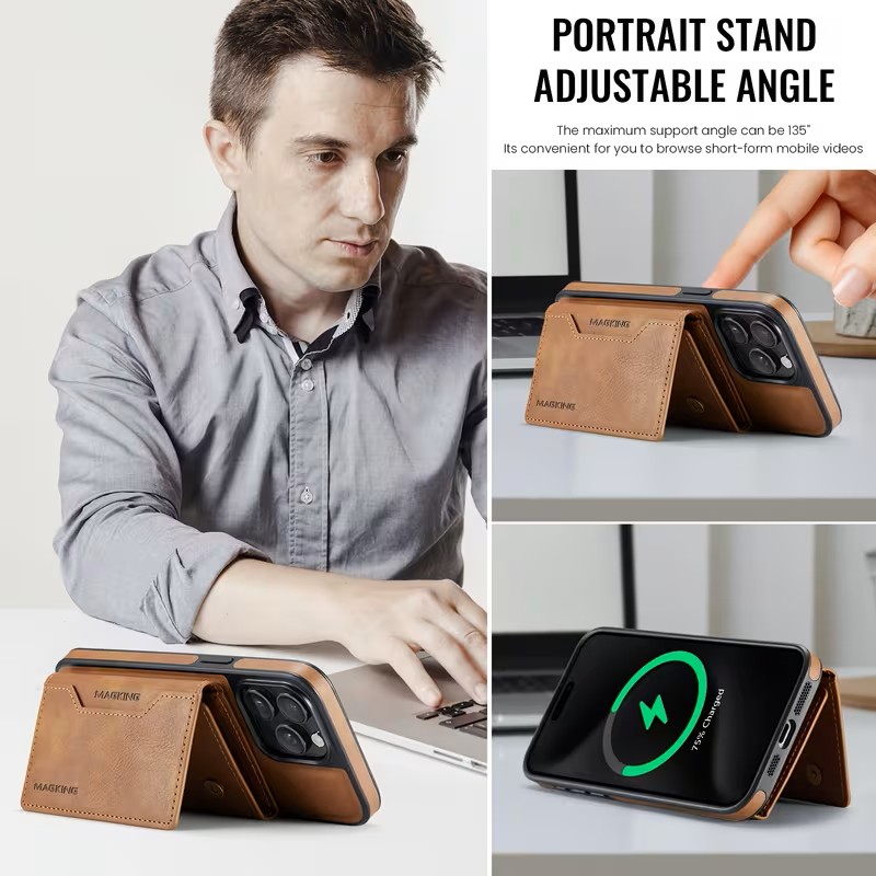 Magnetic Wallet Cover  Featuring a Card Holder, Removable Wireless Charging Faux Leather Stand Case with 8 Card Compartments, And RFID Protection - IPHONE 16PRO - BROWN