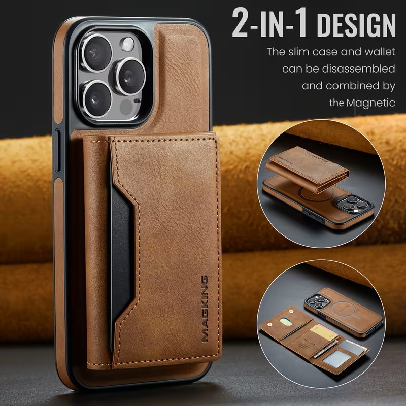 Magnetic Wallet Cover  Featuring a Card Holder, Removable Wireless Charging Faux Leather Stand Case with 8 Card Compartments, And RFID Protection - IPHONE 16PRO - BROWN