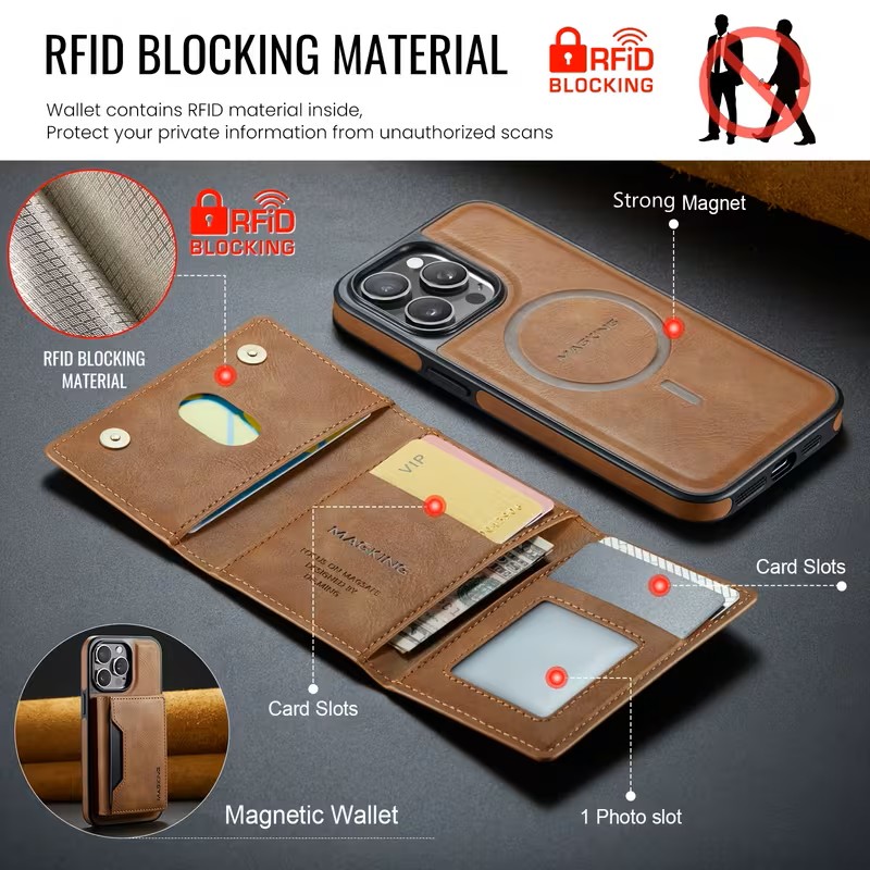 Magnetic Wallet Cover  Featuring a Card Holder, Removable Wireless Charging Faux Leather Stand Case with 8 Card Compartments, And RFID Protection - IPHONE 16PRO - BROWN