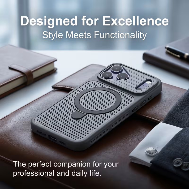 K61 Phone Case - Built-in Wireless Magnetic Attachment, Mesh Ventilation for Heat Dissipation, and Metal Kickstand.-IPHONE 15PRO - BLACK 
