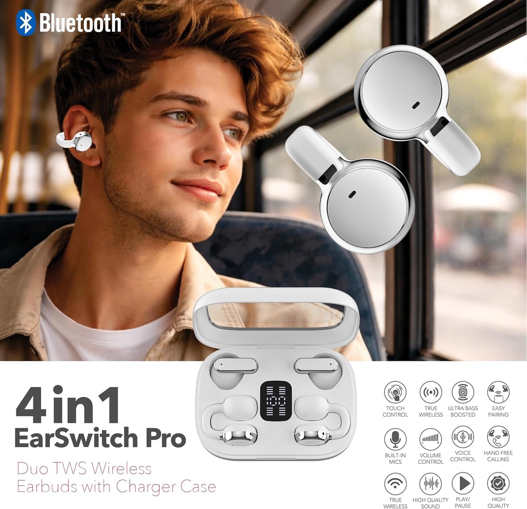 RCA EarSwitch Pro 4-in-1 Duo TWS Wireless Earbuds, Bluetooth 5.4 Open-Ear & in-Ear Dual Buds  (White)