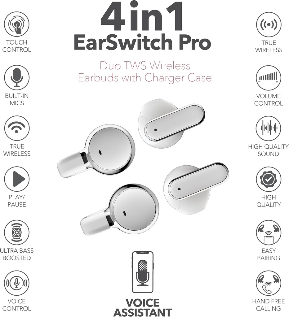 RCA EarSwitch Pro 4-in-1 Duo TWS Wireless Earbuds, Bluetooth 5.4 Open-Ear & in-Ear Dual Buds  (White)