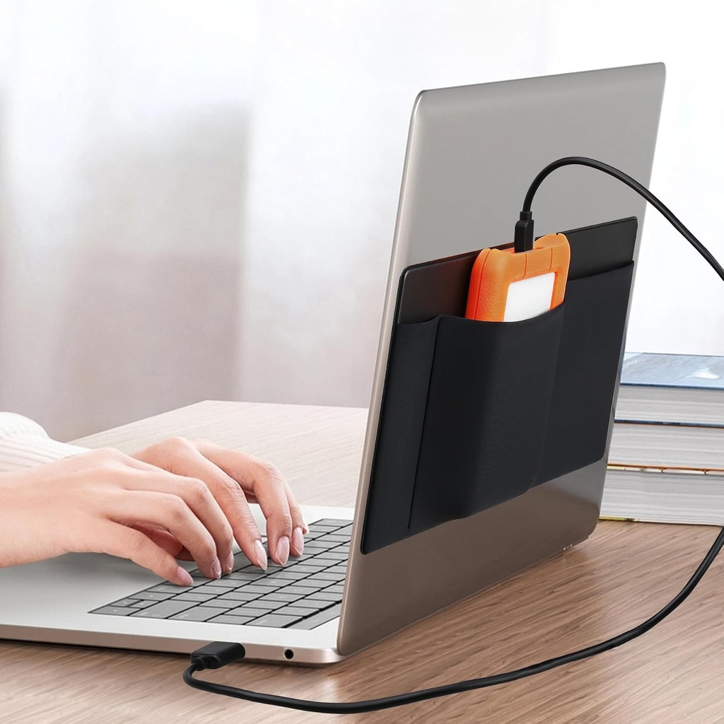 3-Pocket Mouse Holder for Laptop Stick on, External Hard Drive SSD Holder for Laptop, Stick on Pouch Organizer Adhesive Pocket Storage Sleeve for Mouse/HDD/SSD/Cables, Computer Accessories,Black