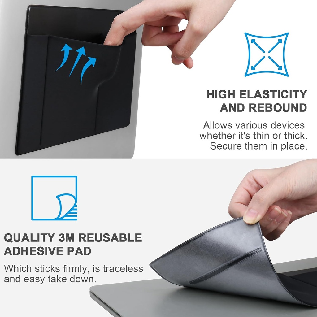 3-Pocket Mouse Holder for Laptop Stick on, External Hard Drive SSD Holder for Laptop, Stick on Pouch Organizer Adhesive Pocket Storage Sleeve for Mouse/HDD/SSD/Cables, Computer Accessories,Black