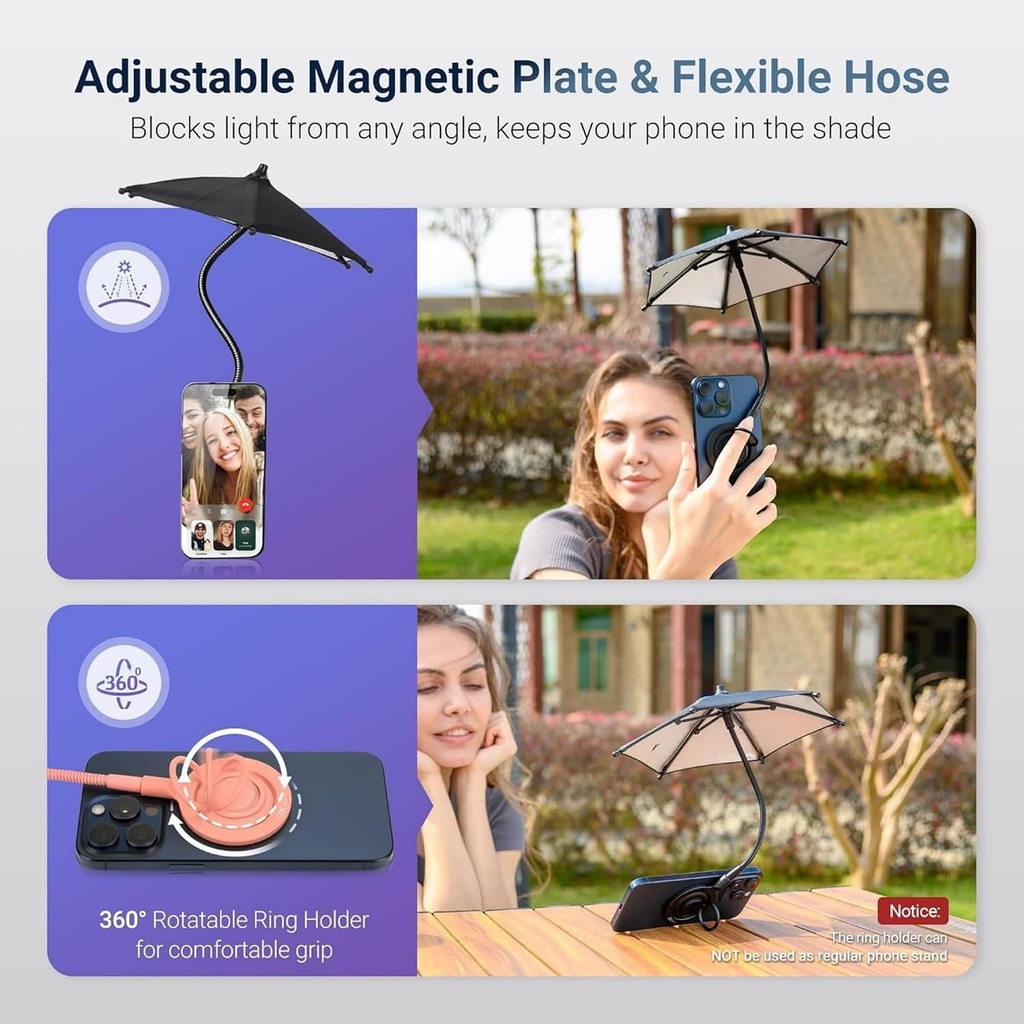 Gabba Goods Magnetic Phone Umbrella for Sun with Flexible Angle Design & Rotatable Phone Ring