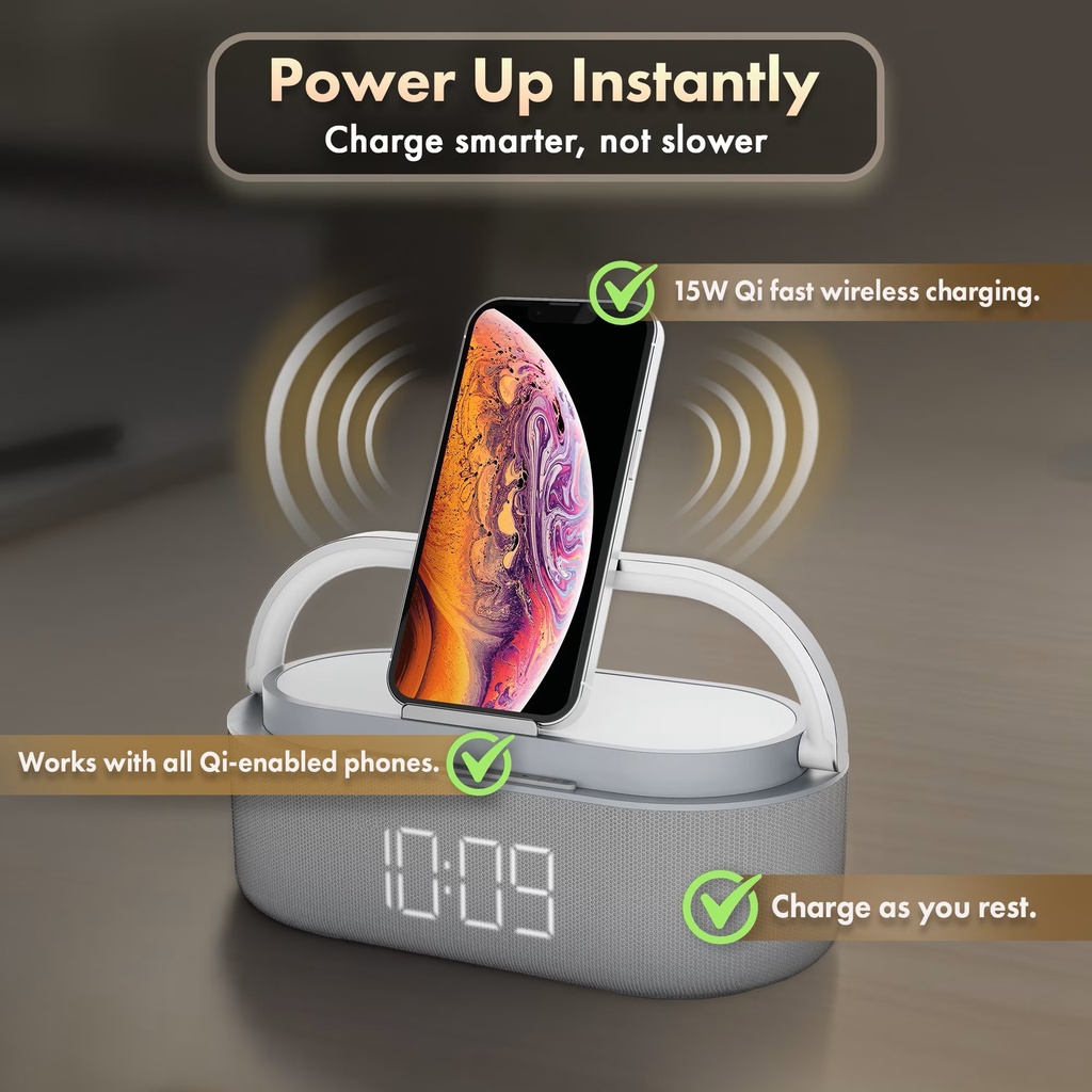 MVMT Harmonic 6-in-1 Portable Bluetooth Speaker with 15W Wireless Charging, Ambient Light, Alarm Clock, FM Radio & Phone Holder