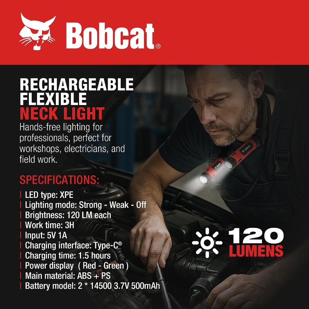 Bobcat Rechargeable Neck Light, 3 Modes, Type-C Charging Port