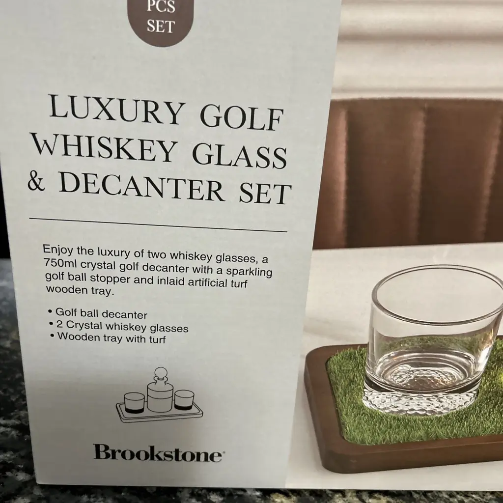 BROOKSTONE LUXURY GOLF WHISKEY GLASS AND DECANTER SET