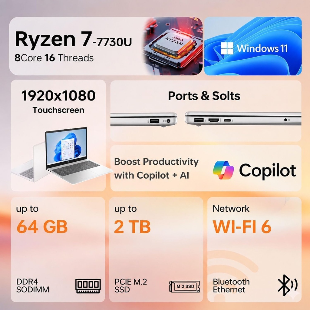 HP 15.6" FHD Touchscreen Business Laptop, 8 Core AMD Ryzen 7 7730U (Up to 4.5 Ghz), 16GB RAM, 512GB PCIe SSD, Privacy Shutter, Numeric Keypad, Windows 11, Wi-Fi 6