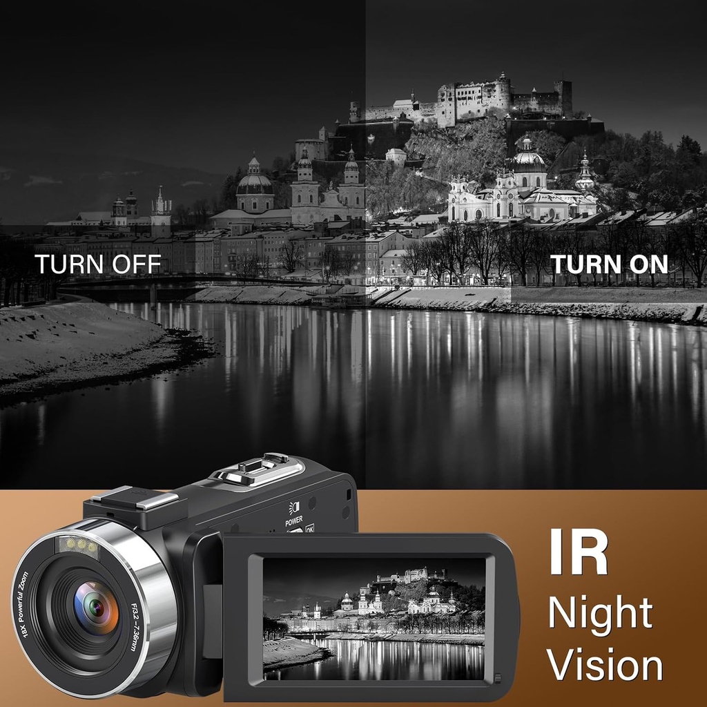 Peryoua 4K HD 80MP Camcorder Video Camera 18X Digital Zoom 3.0 IPS Screen Vlogging Camera