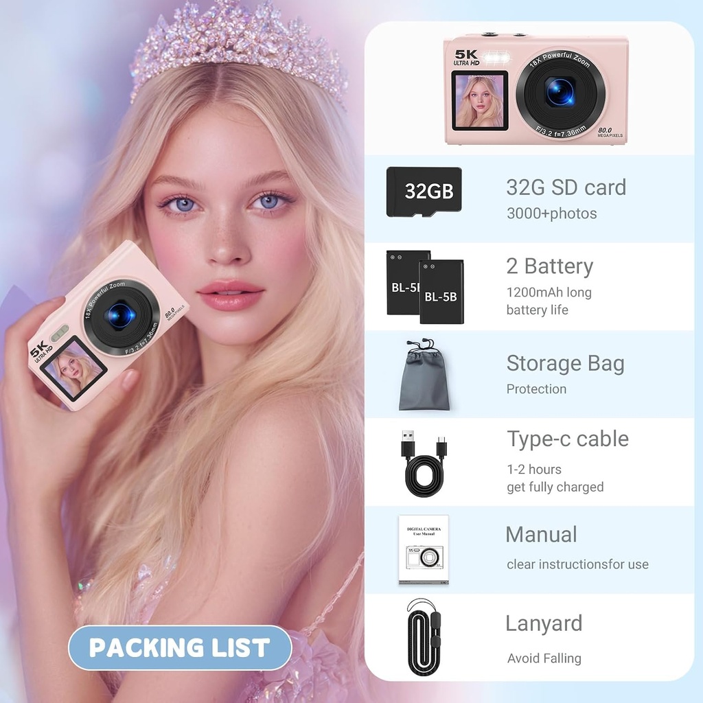 5K Digital Camera for Photography, 80MP Dual Screen Vlogging Camera for YouTube with WiFi, 16X Digital Zoom, Beauty Function, 2.8-inch Screen, Fill Light Includes 32GB Card & 2 Batteries (Pink)